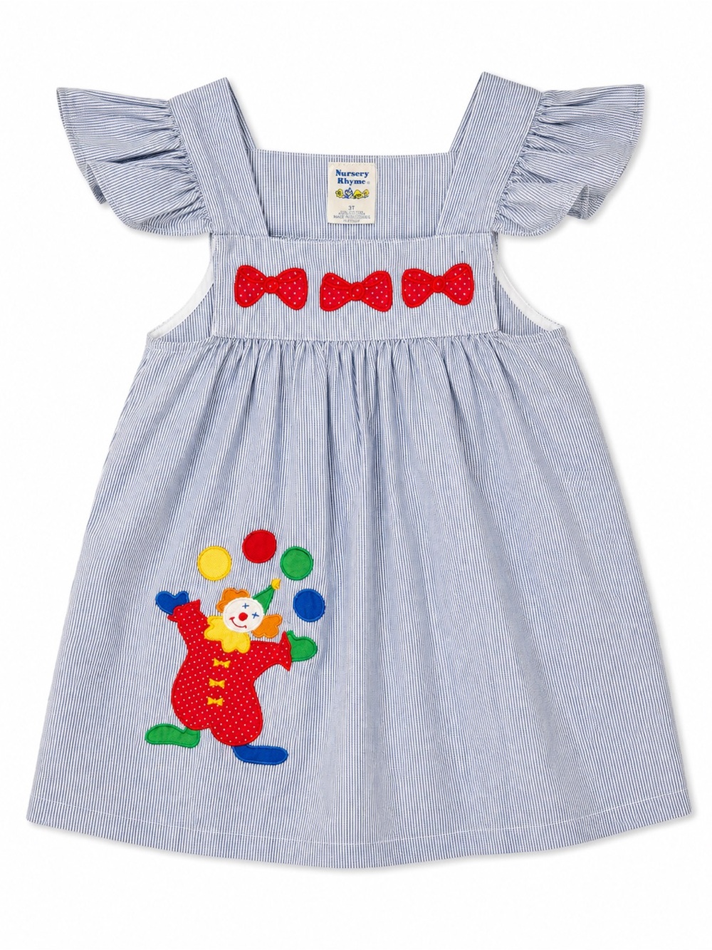 Nursery Rhyme Vintage 90s Pinstripe Carnival Clown Appliqué Sundress